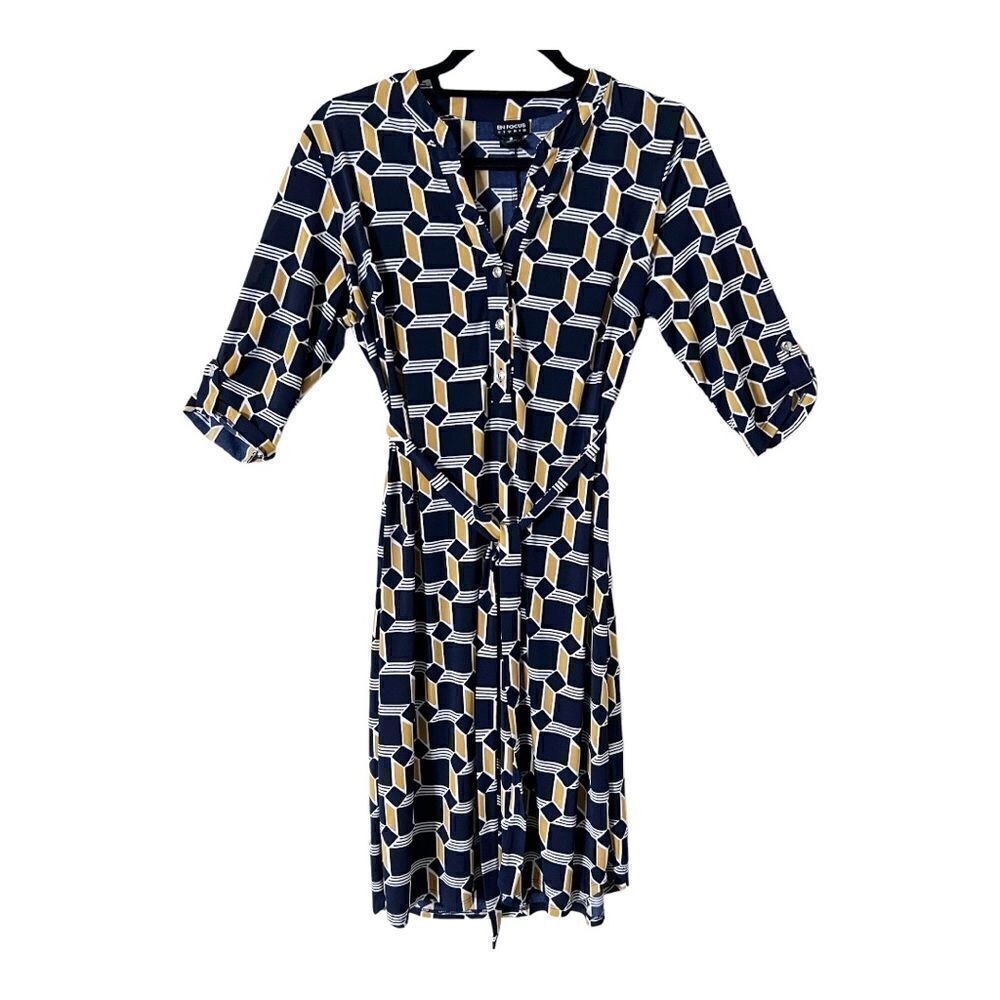 Enfocus Studio Blue/Yellow‎ V Neck Tie Front Midi Dress Size 8